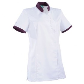 Tunique femme coupe ceintrée AYAKO blanc / prune 2LIN1TEC Paramédical 2LIN1TEC